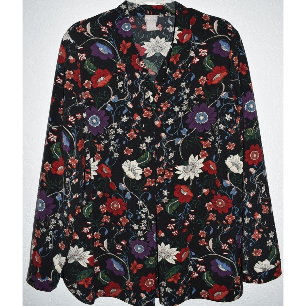 Chicos 2/Large V-neck Long Sleeve Top Mystique Black Floral Crepe Blouse Popover